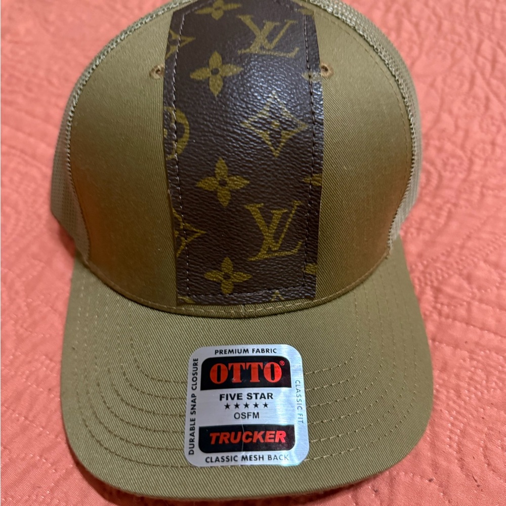 Brand New OTTO Olive and Brown Trucker Hat with up-cycled Louis Vuitton Mono